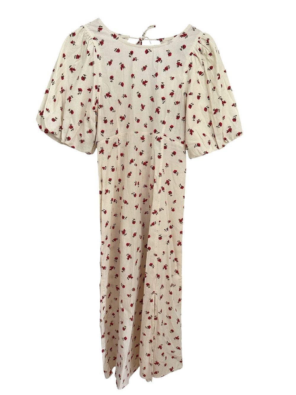 ICHI New Cream Floral Midi Dress with Puff Sleeves, Cottagecore - Picture 3 of 4